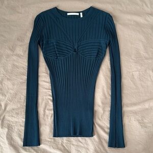 Helmut Lang Teal Ribbed Long-Sleeve Bust-Detail Top